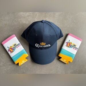 Corona Dark Blue Hat with Embroidered Logo Bundle with 2 Can Coolers NWT